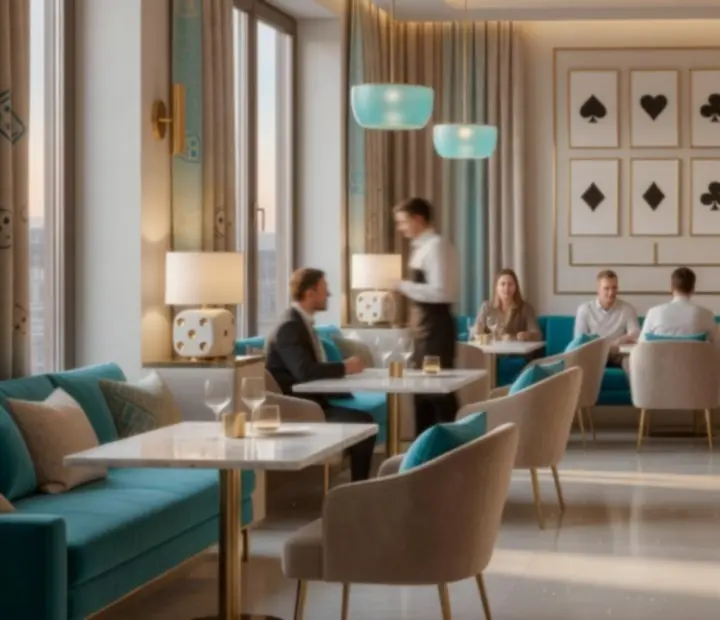 Interiér restaurace Dice Chips s moderní casino atmosférou
