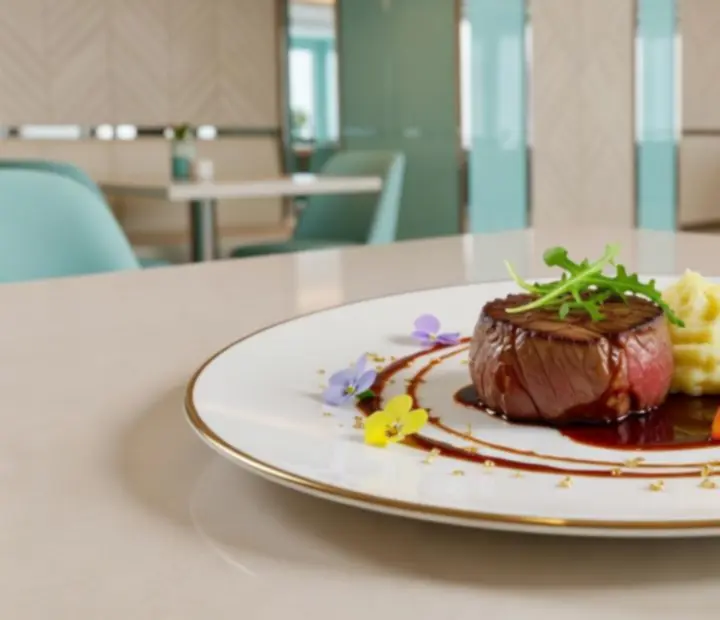 Moderní kreativně servírovaný hlavní chod restaurace Dice Chips na světlém talíři v casino lounge prostředí.
