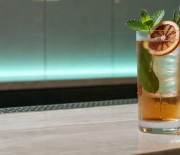 Signature koktejl restaurace Dice Chips s tyrkysovými a zlatými akcenty v moderním prostředí.