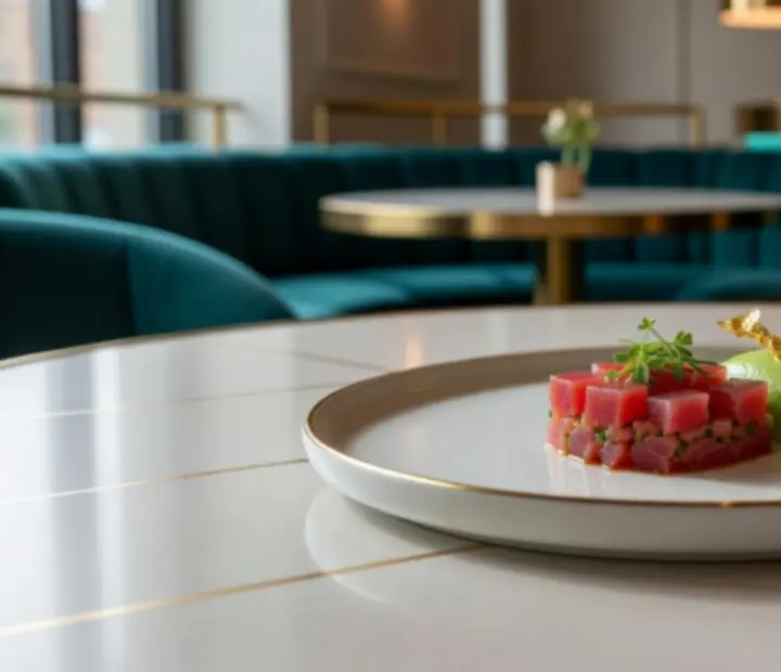 Signature pokrm restaurace Dice Chips naservírovaný v moderním casino stylu na světlém stolku s jemnými zlatými akcenty a tyrkysovým pozadím.