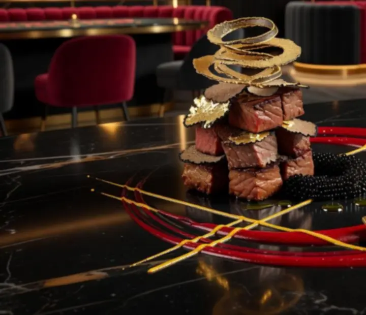 Signature speciality šéfkuchaře restaurace Dice Chips servírovaná v moderním casino stylu.